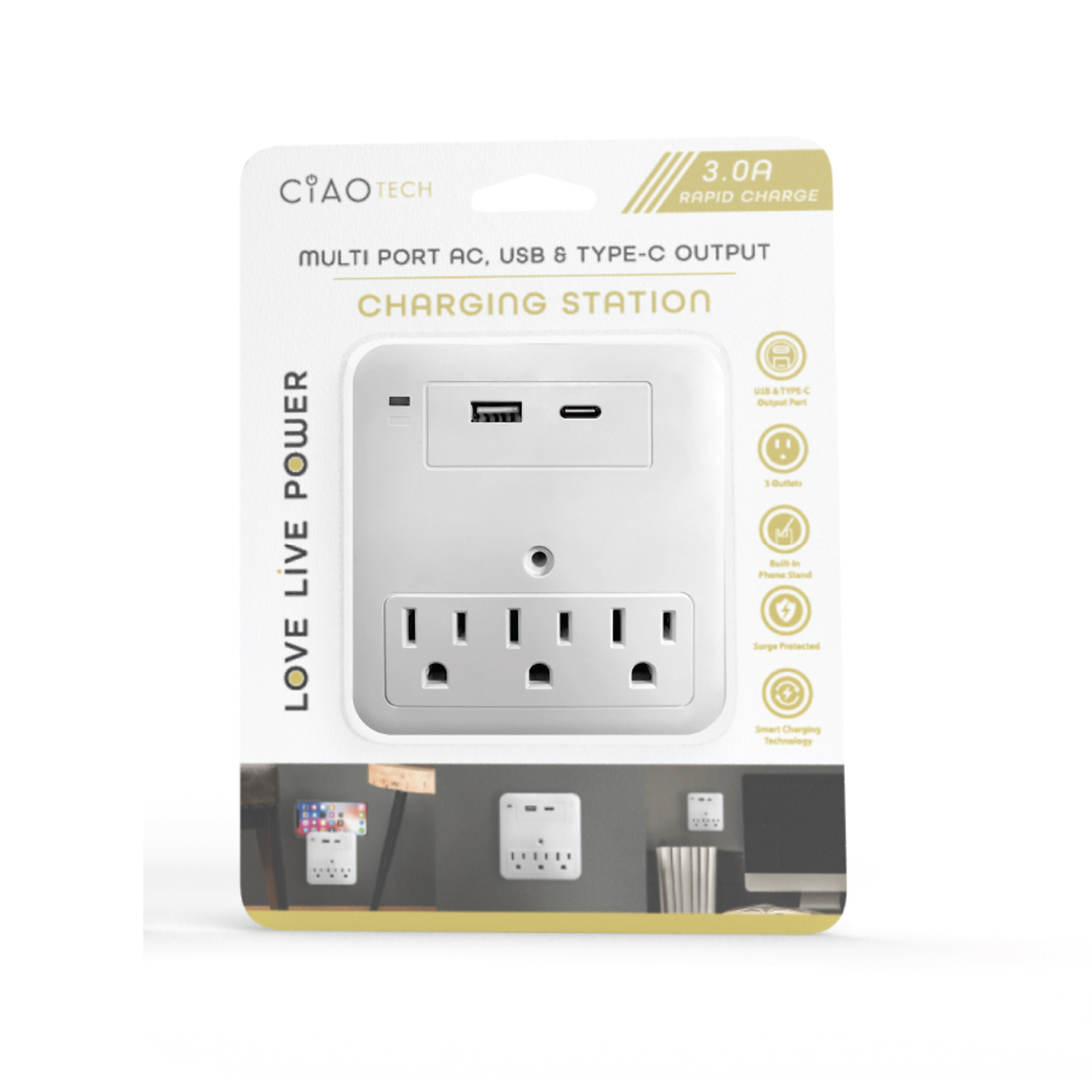 Lifeware, CIAO Tech 1USB + 1 TYPE C + 3 OUTLETS- White, Model# CPATV00-031
